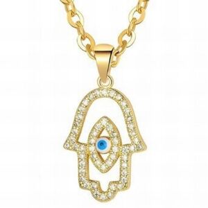 Gold Hamsa Pendant Necklace with Blue Accent